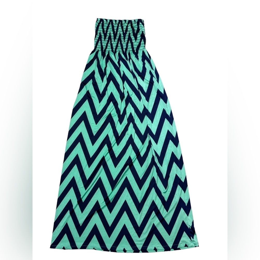 Anthropologie Birdcage Dress Size Small Smocking Strapless Maxi Boho Green Blue